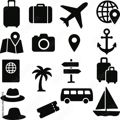Travel and Vacation Vector Silhouettes – Icons of Suitcase, Passport, Airplane, Map, Anchor, Bus, Sailboat, Palm Tree, Signpost, Location Pin, Camera, Hat, Tickets, Globe, and Tourist Essentials – Bla