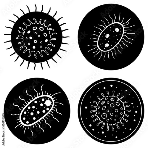 Illustration of four distinct virus or bacteria cells in black circles with white outline details