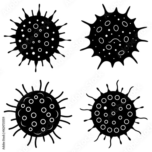 Four black and white virus illustrations with circular bodies and spikey projections in a square format