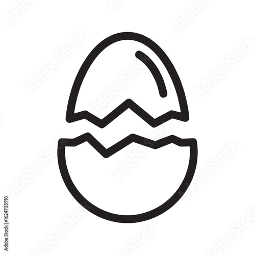Cracked egg line art icon, simple broken eggshell outline vector for Easter or breakfast food concept.
