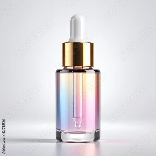 Elegant serum bottle with gradient iridescent effect for skincare presentation on white background