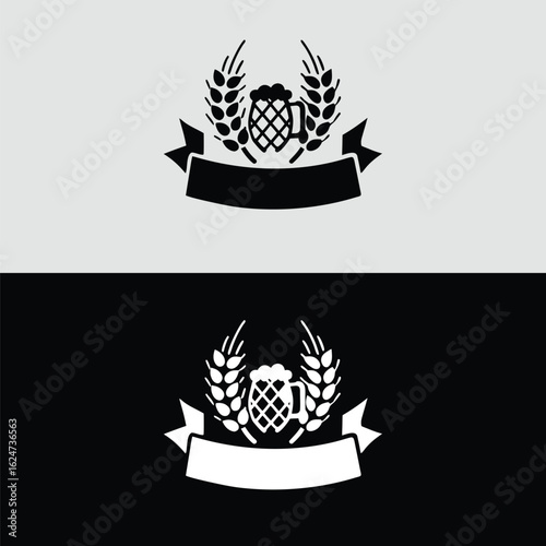A classic black and white vector logo showcasing a beer glass surrounded by wheat and hop, ideal for breweries, bars, or any establishment related to beer and brewing