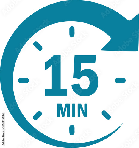 Teal vector icon of a clock with arrow indicating 15 minutes timeframe, time management design element
