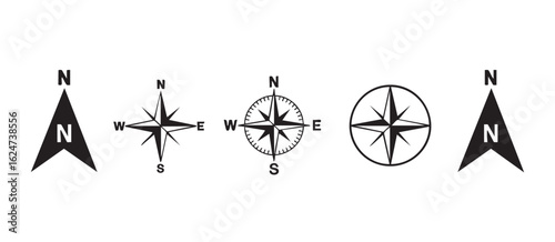 Five black and white compass rose and north arrow icons navigation direction