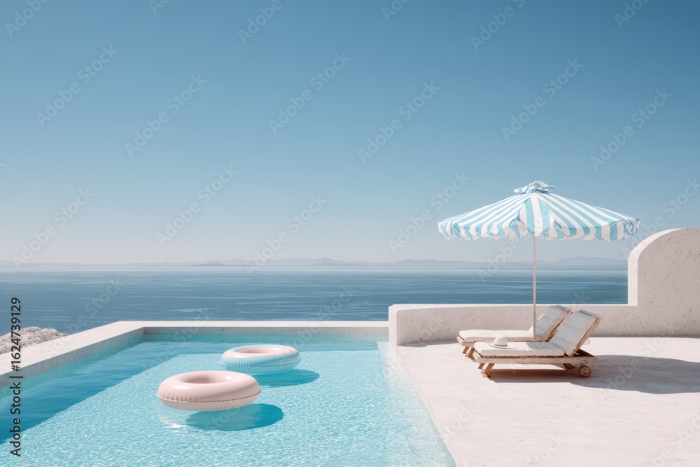 Obraz premium Serene luxury infinity pool with floating rings and umbrella overlooking the sparkling blue ocean on a sunny day
