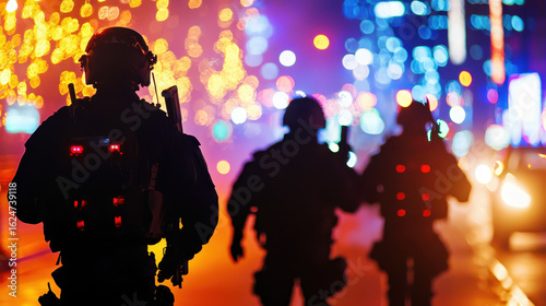 Police officers tactical gear patrol vibrant city street night, illuminated by colorful lights, ensuring safety and order