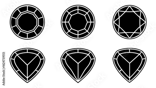 Set of six gemstone cut icons in black and white