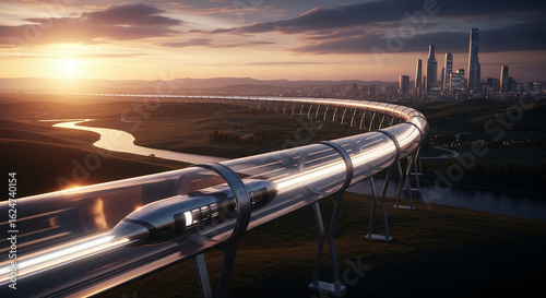 High-speed train in transparent tube, futuristic transport system against sunset city backdrop, showcasing innovative technology and fast travel concept