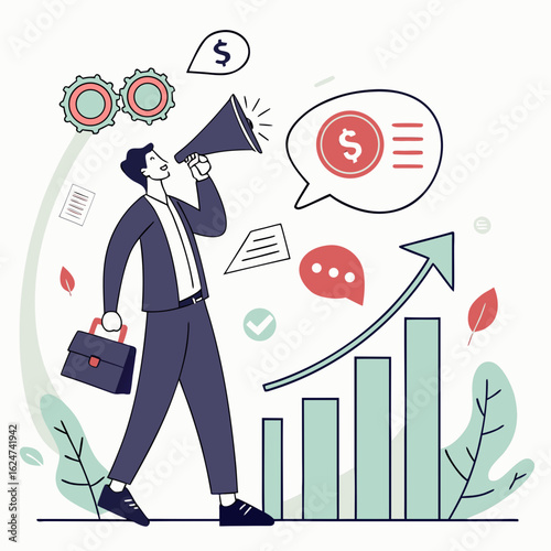 Businessman with megaphone announces financial growth and success with upward trending bar chart and dollar signs