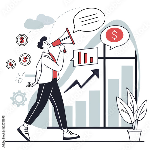 Man with megaphone announces financial growth and success with rising charts and coins