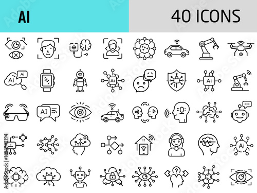 AI icon set featuring 40 illustrations of artificial intelligence concepts  