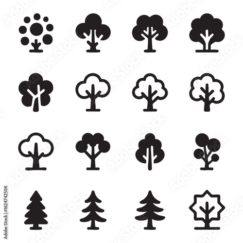 Sixteen minimalist black and white tree icons in a grid vector