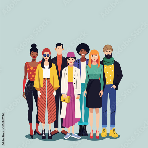 Group of Diverse Fashion Models in Modern Outfits – Flat Style


