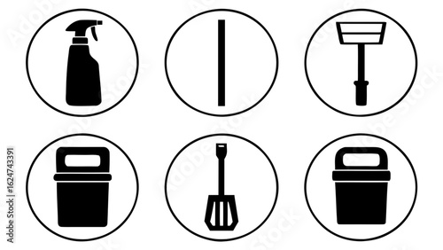 Collection of cleaning and maintenance icons in circular frames