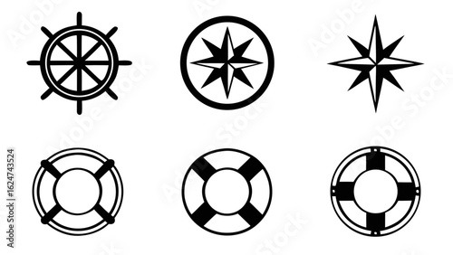 Nautical symbols collection featuring ship wheel compass and lifebuoy icons