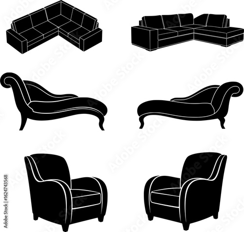 Collection of black silhouette furniture illustrations: sofas, chaise lounges, armchairs. Illustration, SVG/PNG Digital Art