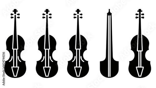 Collection of black violin and cello silhouettes on white background