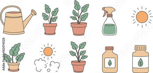 Cute potted plants watering can spray bottle and sun icons vector