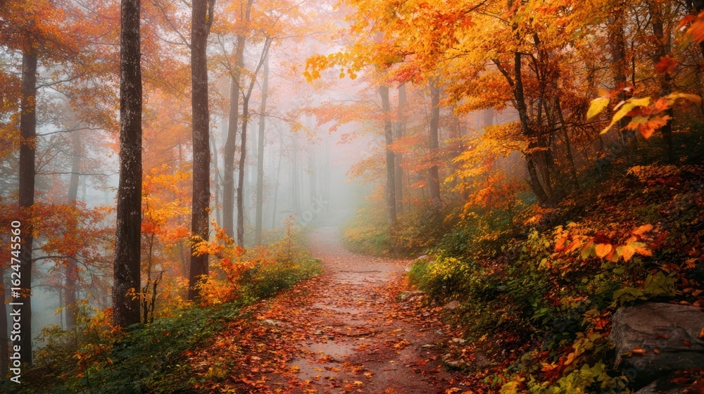 Obraz premium Forest Trail Disappearing into the Fog with Vibrant Orange and Red Leaves
