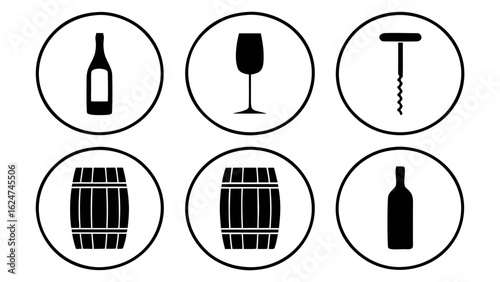 Set of wine icons including bottle glass barrel and corkscrew