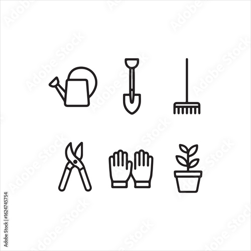 Black silhouette vector illustration set of gardening tools icons and symbols