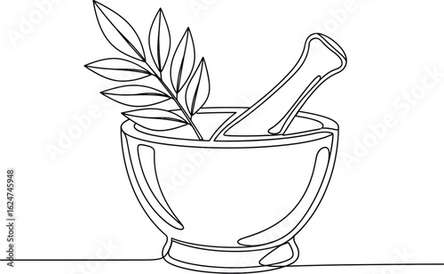 Vector art of mortar and pestle with herbs is a vector illustration of a traditional medicine preparation tool with a branch of leaves