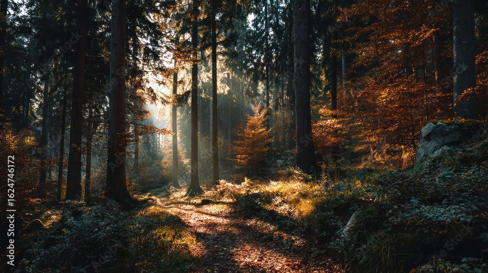 Obraz premium Lonely Path in a Foggy Fall Forest Covered with Fallen Leaves