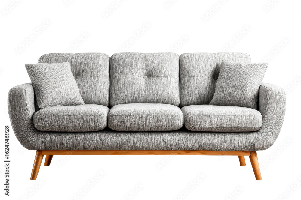 Fototapeta premium Stylish gray sofa: A modern, comfortable sofa, upholstered in gray fabric, resting on sleek wooden legs, with a minimalist design, perfect for interior decor.