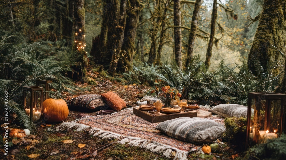 Obraz premium Picnic Setup in a Fall Forest with Rustic Blanket, Pumpkins, and Seasonal Decor