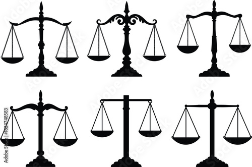 Justice scale icons, law balance vector, legal symbol silhouette, courtroom scale set, fairness concept design, vintage balance illustration, black icons