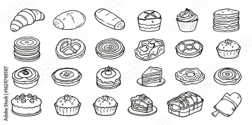 Bakery doodle icon set. Cute hand drawn sketch illustrations of bread, donut, muffin, cinnamon, toast, baguette, croissant, cupcake . Black and white cartoon art for baking and pastry.