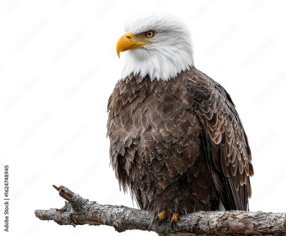 Majestic bald eagle perched on branch nature wildlife perspective isolated on transparent background Majestic bald eagle perched on branch nature wildlife perspective isolated on transparent background