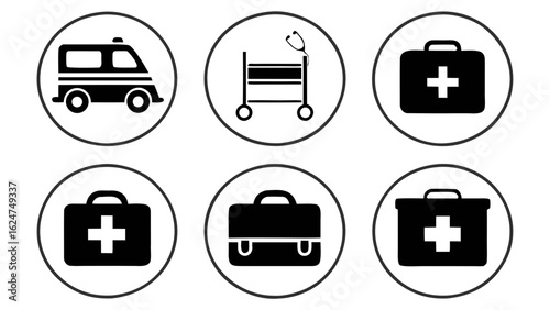 Set of medical icons including ambulance medical cart and first aid kits