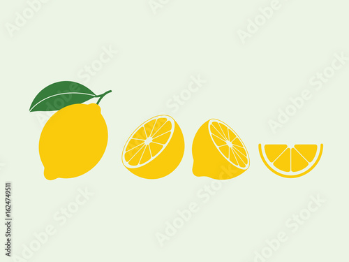 Fresh yellow lemons and slices on a light green background