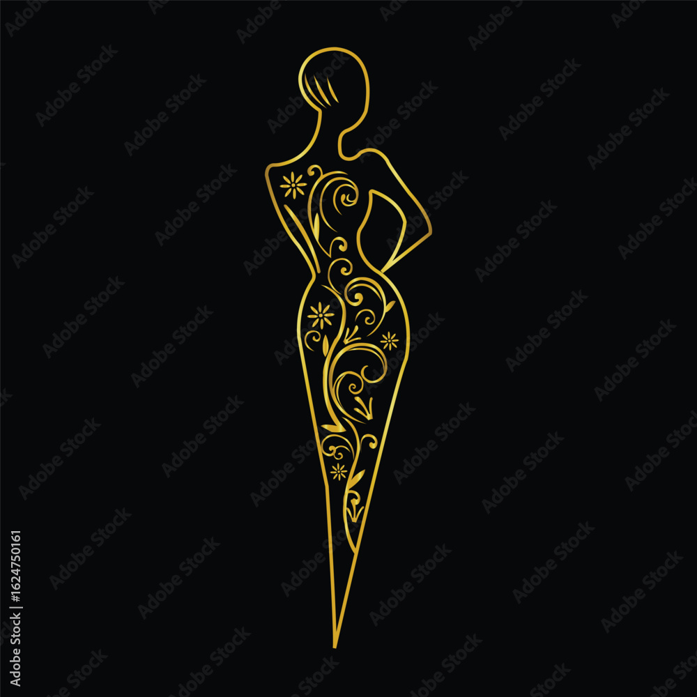 Obraz premium Elegant golden silhouette of a woman in a decorative dress with floral patterns