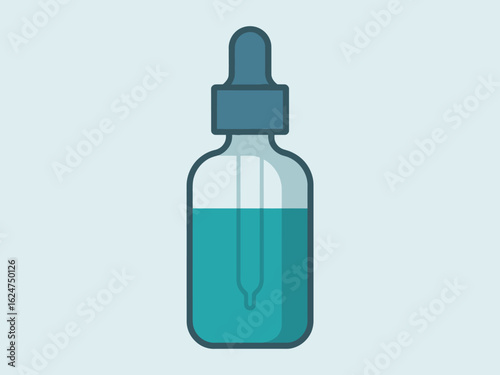 Glass dropper bottle with blue liquid and dropper