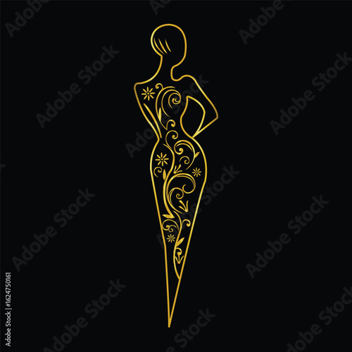 Elegant golden silhouette of a woman in a decorative dress with floral patterns