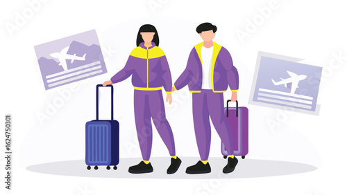 Illustration of a couple with luggage ready for travel with airplane ticket images in the background