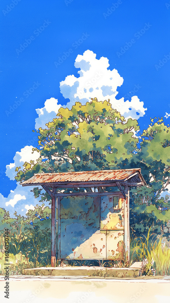 Fototapeta premium 郊外の小さなバス停で待つ時間、手描きで描かれた田舎の風景と、懐かしい光が差し込む空気感を持つ風景画。心に残る一瞬を捉えたイラスト素材。
