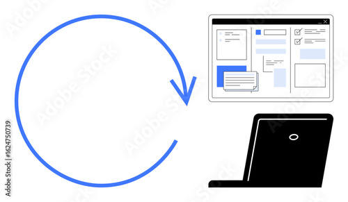 Circular arrow workflow with laptop and task management interface symbolizing productivity, teamwork, and project planning. Ideal for business, collaboration, progress, organization, efficiency