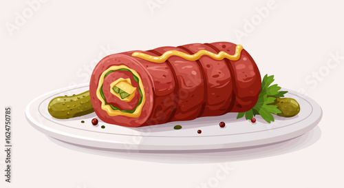 Beef roulade with mustard and pickles on a white plate  