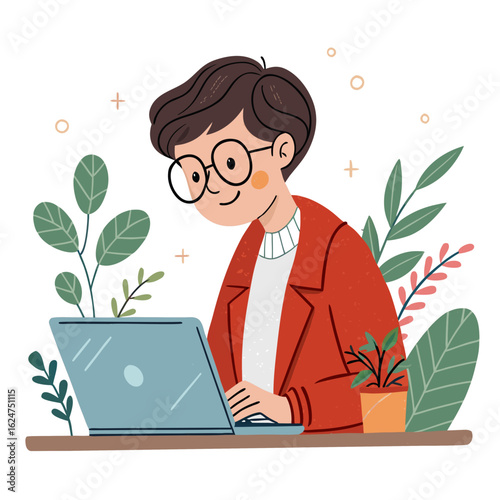 Illustration of a person with glasses using a laptop with plants around