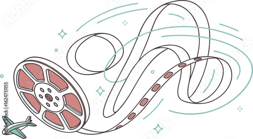 Vintage film reel spins with tiny airplane, capturing cinematic travel memories and creative storytelling.