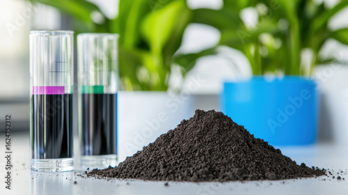 Soil carbon test on lab desk with black soil, test tubes, and green plants in background, showcasing scientific analysis