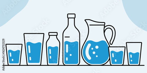 Collection of glassware and pitcher filled with blue liquid