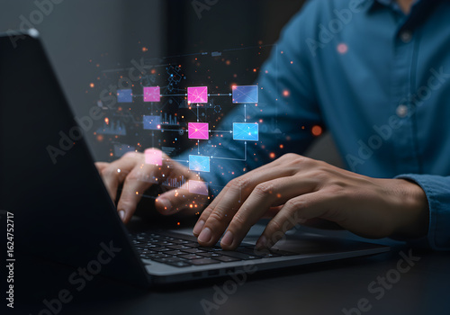 Person typing on a laptop with a glowing network of connected blocks. Represents data flow, business process management, and digital transformation.