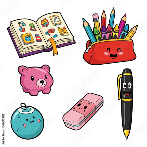 Delightful school supplies set with charming faces creates a joyful and whimsical back to school vibe, perfect for educational designs and playful projects