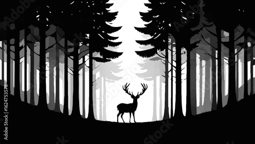 Stag Standing Calmly in Forest Silhouette

