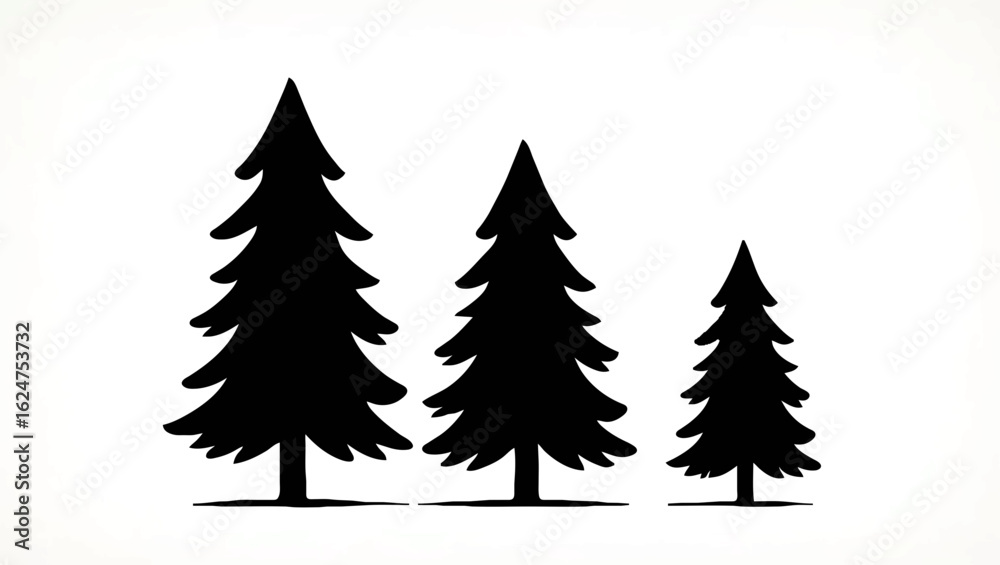 Obraz premium Three Evergreen Trees Silhouette on White Background
