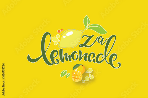 Handwritten za lemonade text with lemon illustration on a yellow background